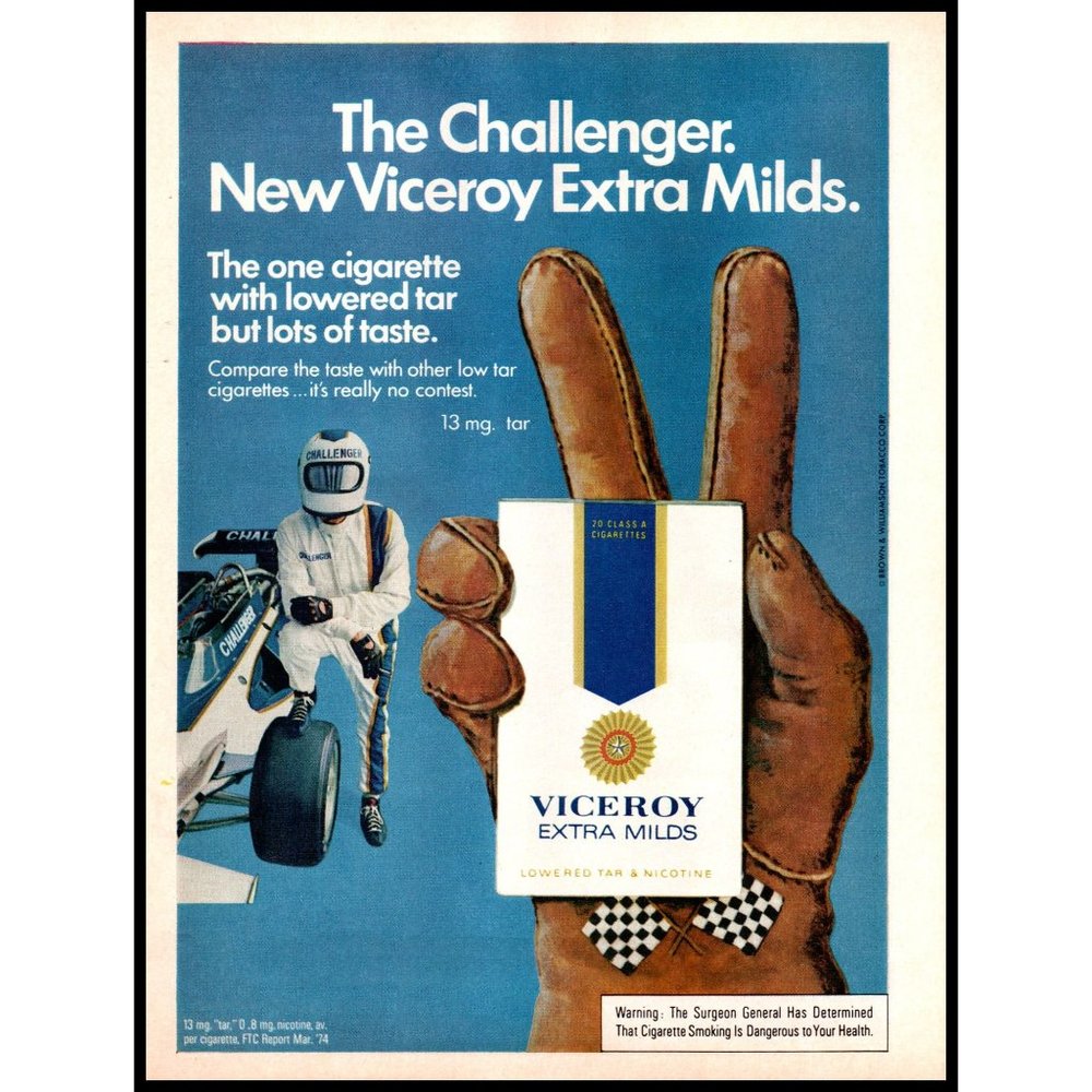 1974 Viceroy Cigarettes Vintage Print Ad Indy Race Car Driving Gloves Wall Art